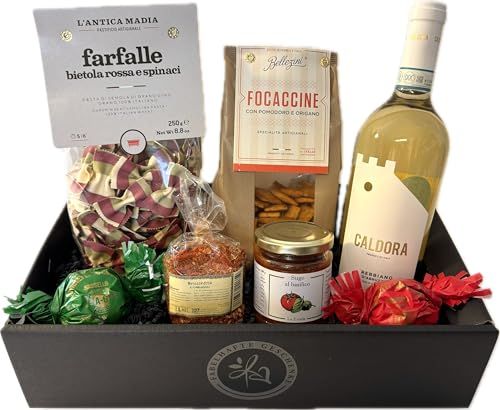 Präsentkorb Italia mit italienischem Weißwein, Pasta, Sugo, Focaccine, Gewürzmischung und Amaretti | für einen italienischen Abend zu zweit | Ein Weingeschenkset für Männer und Frauen