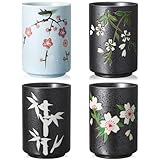 Qinyoung 4 Pcs Japanese Tea Cups Handle Less Ceramic Tea Cups Japanese Gifts Japanese Tea Mug for Matcha Tea, Bancha, Green Tea(10 oz,Sakura)