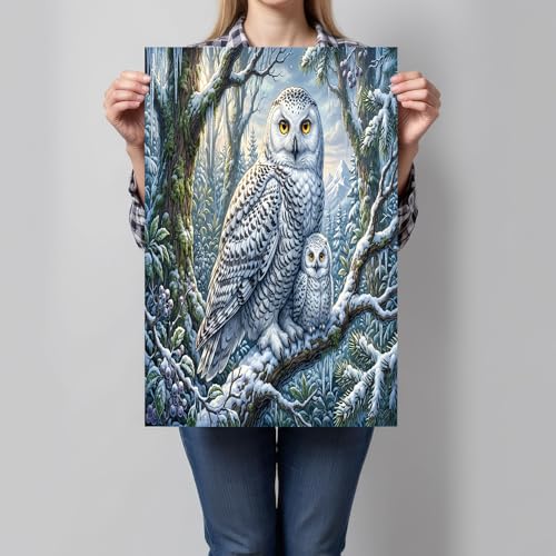 Tableau chouette harfang et son petit art mural tendresse hivernale 60x90