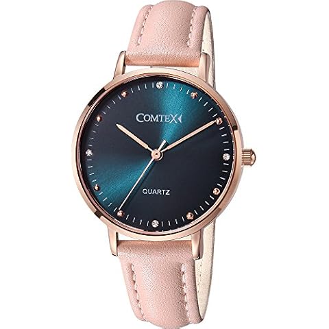 Comtex Womens Watches Simple Elegant Quartz Women Wristwatch Blue Dial Rose Gold Case Pink Leather Strap Watch Cover