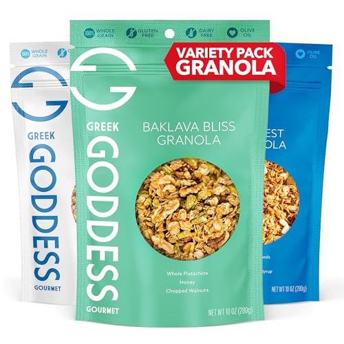 Greek Goddess Gourmet Granola Variety Pack – Baklava Bliss, Harvest, & Maple Oat with Nuts, Honey, Maple Syrup, Coconut & Olive Oil – Greek-Inspired, Gluten Free Granola, 10oz Bags (3-Pack Assortment)