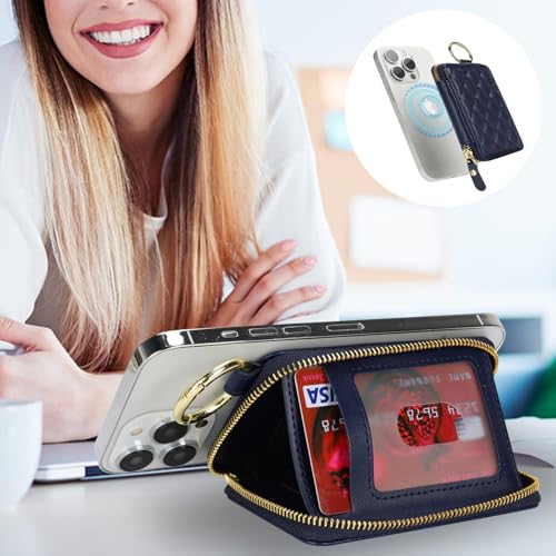 Image of Compatible with MagSafe Wallet,Magnetic Phone Wallet Card Holder for iPhone 17 /16 Pro Max /15 Pro /14 Plus /13 /12 Series,PU Leather Zipper Pocket Adjustable Stand-Blue