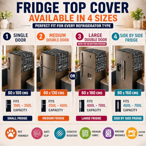 Image of WWW.THROWPILLOW.IN Fridge Top Cover for Double Door 250-400L | Medium Size Dustproof Refrigerator Cover | Corner Tassels with Pockets | Black Tribal Print |