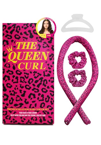 The Queen Curl Satin Headband for Heatless Overnight Curls & Frizz-Free Waves on All Hair Types | Sleep-In Hair Curlers with Hair Clip & Scrunchies (Pink Leopard)