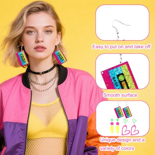 3 Pairs 80s 90s Neon Earrings for Women, Acrylic Retro Heart Tape & Lightning Geometric Dangle Neon Earrings for 80s 90s Disco Theme Party Accessories Glowing Party Jewelry4