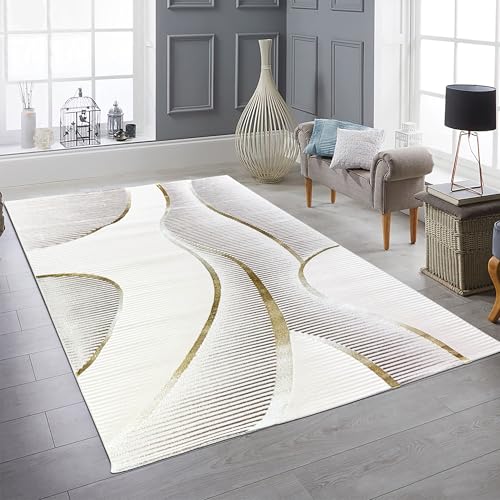 Teppich-Traum Teppich für Wohnzimmer Esszimmer offene Wohnbereiche Wellenoptik pflegeleicht weich strapazierfähig modern langlebig Creme Weiß Gold 200 x 290 cm
