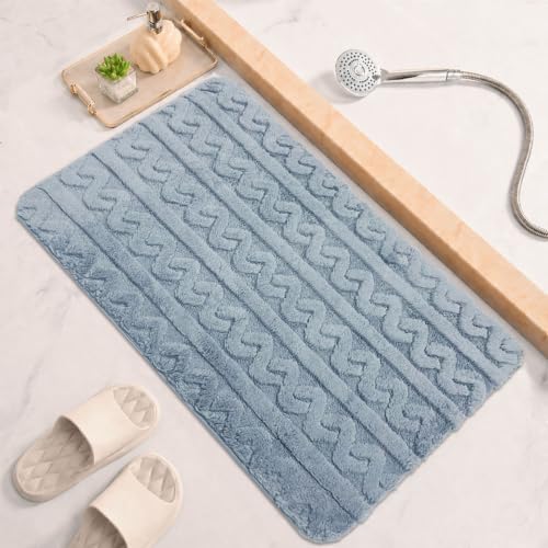 Image of LUXE HOME INTERNATIONAL Microfiber Bath Mat for Bathroom Anti Slip Water Soak Plush Soft Chain Stripe Door Mat for Home Bedroom Washable Floor Rug (40x58cm Blue) Pack of 1