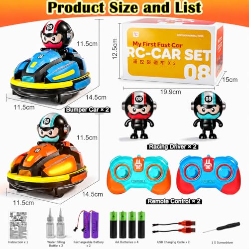 Image of RC Bumper Cars - 2 Player Remote Control Go Kart Cars with Crash Eject Drivers, Water Spray, 360 Rotation, Lights & Music, Rechargeable Kids Toy