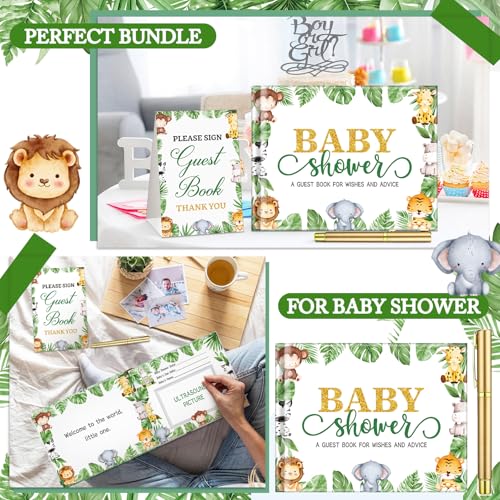Image of Fuyoooo 27 Pcs Safari Animal Baby Shower Guest Book Set Baby Shower Sign in Guest Floral Book Place Table Cards with Gold Pen Adhesive Photo Corner for Birthday Party
