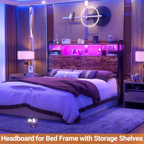 Image of Aheaplus Headboard for Queen Size Bedwith Storage and Outlets, Rustic Brown | Headboards with LED Light, Power Outlets, USB Ports Queen Size Head Board, Wood headboard Only Sturdy and Stable Headboards