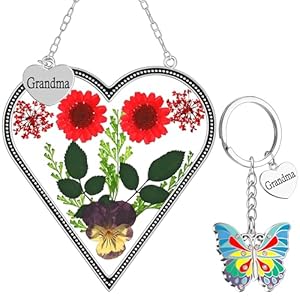 Kybosam heart suncatcher for windows hangings grandma gift stained glass butterfly suncatcher pressed flower between heart in glass metal engraved charm gift for women mothers day birthday christmas  urban country home decor