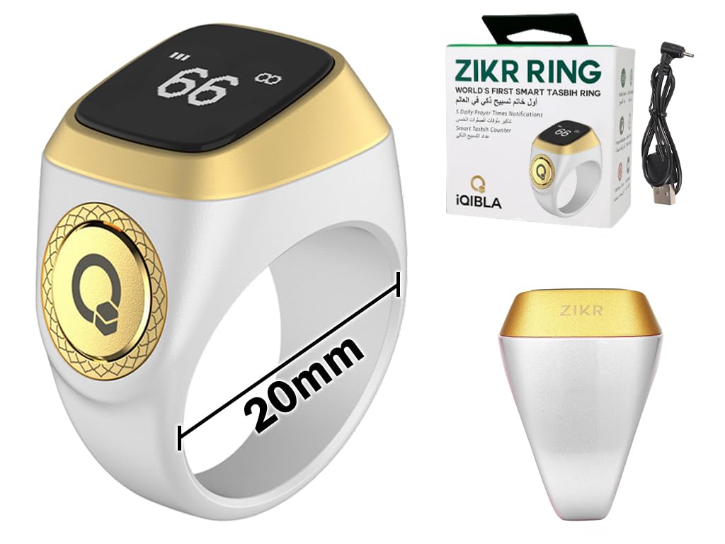 Abiyou Smart Ring Counter, Smart Tasbih Zikr Ring, Muslim Islamic Prayer Smart Rings, Tasbih Counter Smart Ring, Tasbeeh Smart Counter, Digital Electronic Smart Tally Counter for Prayer (White,20MM)