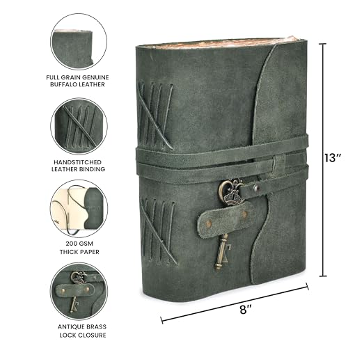 Image of LEATHER VILLAGE Antique Journal Key Lock, Teal 13x8. | Handmade Deckle Edge paper, 200 Blank Pages , Grimoire, Book Of Shadows, Sketchbook, Scrapbook, Leather Journal , Aqua 13x8