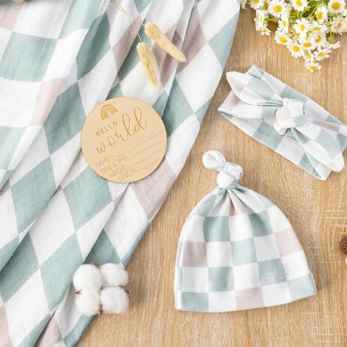 Image of BabyWhale Muslin Swaddle Blanket with Hat and Headband Bow, Checkered Print Swaddle Set for Baby Boys & Girls, Unisex Soft Receiving Blanket Wrap, Green Grey Checkered, 47x47 inches