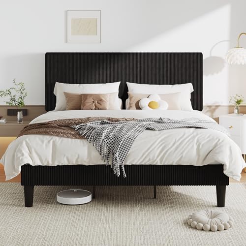 Image of Allewie King Bed Frame, Corduroy Tufted Headboard, Black