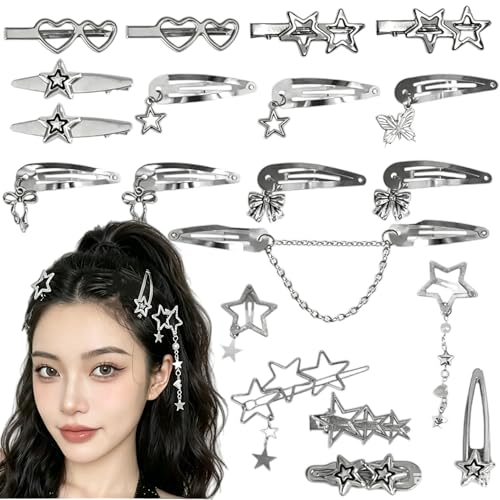 20pcs Y2K Star Hair Clips - Cute Silver Snap Clips for Women, Star Shaped Hair Accessories, Ideal for Emo, Grunge, Punk & 2000s Fashion