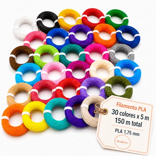 CAELLUMA Filamento PLA 1,75 mm para Bolígrafo 3D y para Impresora 3D · Biodegradable y No Tóxico · Compatible Universal · Seguro para Niños · Alta Resistencia (30 Colores x 5 Metros · 150 Metros)
