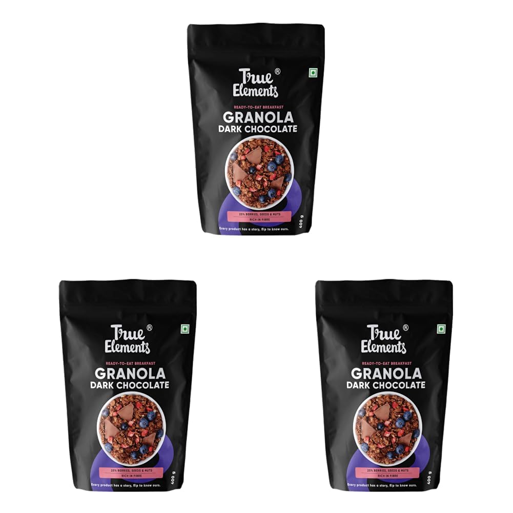 True Elements Granola Dark Chocolate 400g - Baked Granola | Almonds, Berries & Dark Chocolate | Granola for Breakfast | High Fibre Cereal | Diet Snack (Pack of 3)-image-45