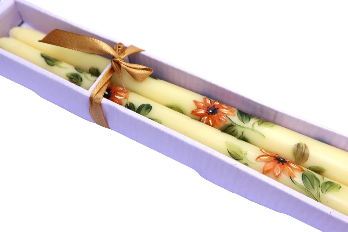 Decorative Artist Hand Drawn and Painted Yellow Sunflower Ivory Taper Candles Set of Two Bohemian Decor Fall Decorations not Printed Design