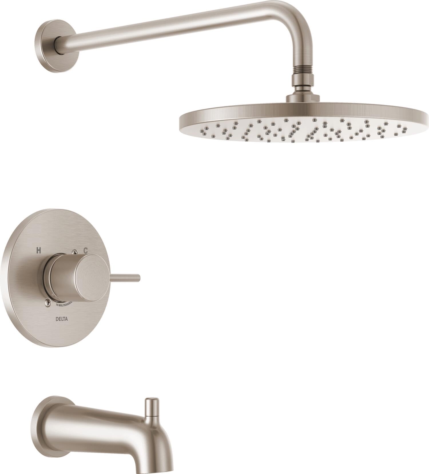 Photo 1 of Delta Faucet Modern Raincan Round Single-Function Tub and Shower Trim Kit Brushed Nickel, Tub Faucet Set, Rainfall Shower Head, Spotshield Stainless T14469-SP-PP (Valve Not Included)