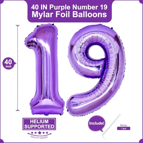 Image of Number 19 Purple Balloons 40 Inch Giant Purple Foil 19 Helium Balloons for 19th Purple Birthday Party Supplies 19th Anniversary Events Decorations