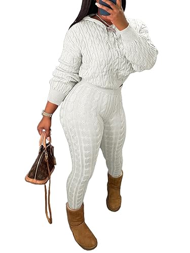 Nimsruc Knit Two Piece Outfits For Women Sweater Sets - Off-white - X-Large
