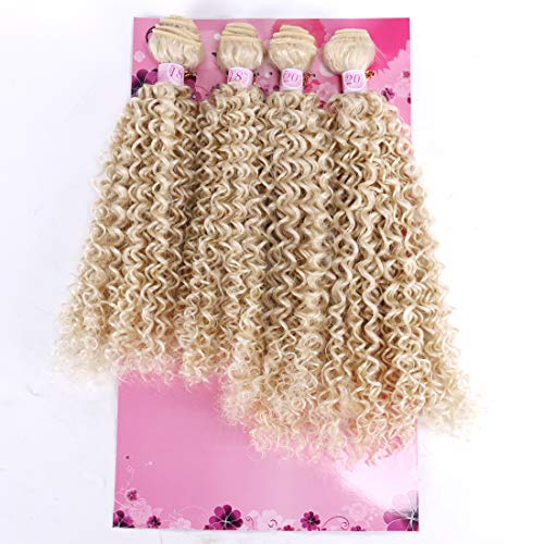 FRELYN Kinky Curly Synthetic Hair Bundles for Quick Weave or Sew in Hair Extension18 18 20 20 Inches 4 Pieces/Pack 613 Blonde Color Very Soft Heat Resistant