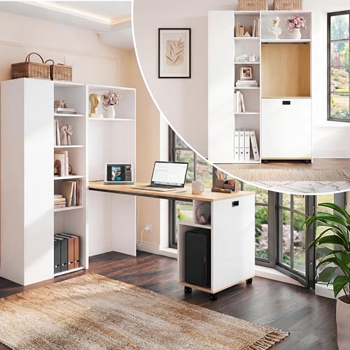 phosir Escritorio de esquina plegable a la izquierda, estantería, enchufe, puerto USB, estantes ajustables en altura, protección antivuelco, ahorra espacio para oficina en casa y estudio