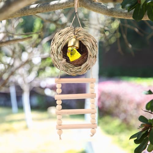 Image of Briwooody Hanging Bird Nest for Cage with Ladder Bell Natural Coir Fiber, Grass Hand Woven Hummingbird Finch House for Outside Breeding Nest Parakeet Bed for Budgie Canary Parrot Patio Lawn Garden