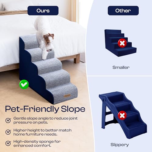 Curved Dog Stairs for High Bed Up to 26", 5-Step Dog Ramp for Small Dogs with Washable Cover, Non-Slip Steps for Cats to Get on Couch and Sofa, Durable Foam Ladder for Medium Breeds, White Navy by Miorun - Image 6