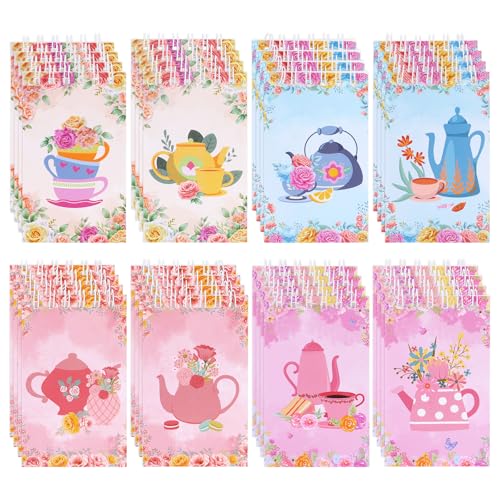 Siyaaqing 32 Pcs Mini Tea Party Favors for Women Mini Tea Notebook Floral Notepad Party Favors Vintage Teapot Spiral Pocket Notepads Memo Notebooks for Bridal Shower Wedding Birthday Office Supplies