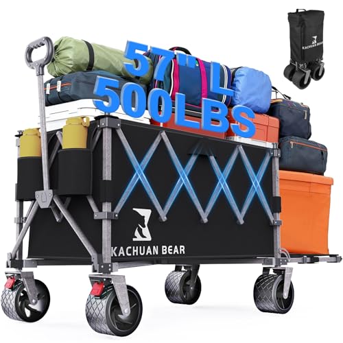 57 L Large Collapsible Foldable Wagon with Tailgate & Brake 500LBS Heavy Duty Beach Wagons with All-Terrain Big Wheels 300L Folding Utility Cart for Sand Garden Shopping Groceries Sports (Black)