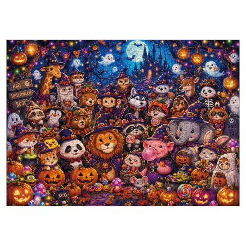 Halloween Animal Party Jigsaw Puzzle 1000 Pieces for Adults, Spooky Witch Ghost Pumpkin Jigsaw Puzzle, Funny Forest Castle Challenging Puzzles - image 1