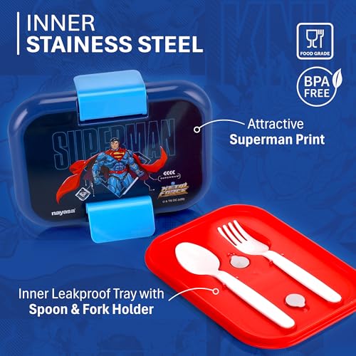 Image of Nayasa Marco Super Man Print 2 Compartment Stainless Steel Insulated Lunch Box for Kids | Vacuum Sealed Leak Proof Tiffin Box | 650 ml | Blue & Dark Blue