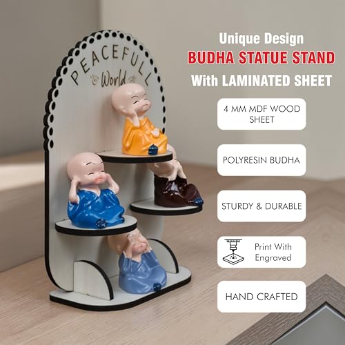 Image of P Arts Buddha Monk Set of 4 Statue Figurines Home Decor Items, Miniature Monk Statues with Wooden Stand, Mini Idol for Living Room, Meditation Spaces, Room Decor (White Budha)