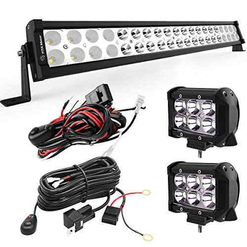 YITAMOTOR LED Light Bar 22 inches 120W Light Bar Combo & 2pc 18W Spot Pod Lights & Wiring Harnesses Compatible for Jeep, Pickup, Off Road, Truck, 4X4, ATV, Boat, Motorcycle, Trailer, IP68 Waterproof