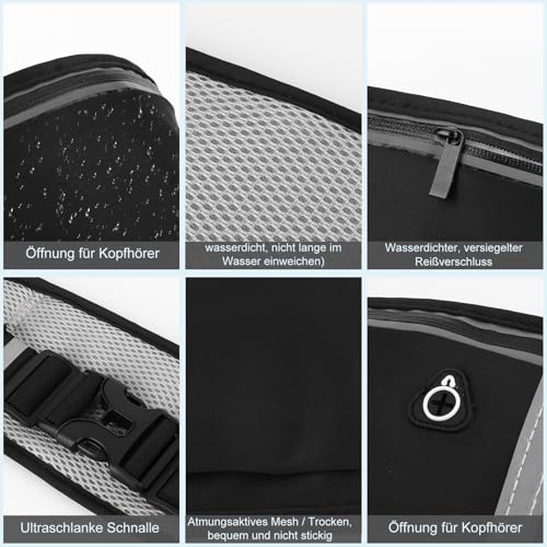 OFC Lenw Laufgürtel Handy mit 3 Taschen, wasserdichte Lauftasche Jogging für Damen und Herren, Nicht Verschieben Handytasche Joggen für Fitness Radfahren Reisen, Outdoor Running Belt, Schwarz