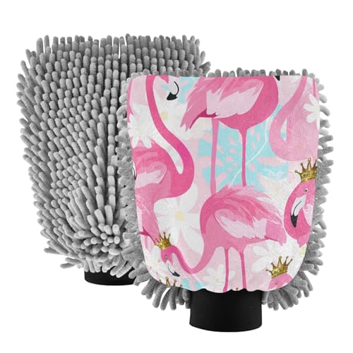 STAYTOP Pretty Flamingo Car Wash Mitt Microfiber, 2Pcs Scratch Free Lint-Free, Premium Chenille Microfiber Mitt Car Wash Brush-M