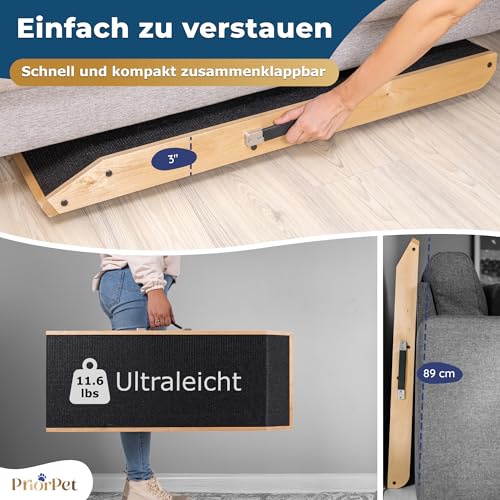 Hunderampe - Hundetreppe für kleine Hunde und große Hunde - Einstellbar 18-53 cm - Für Bett Sofa - Birkenholz - Landeplattform schließt nahtlos an - Rampe Hund Klappbar - Anti-rutsch Einsatz Naturel