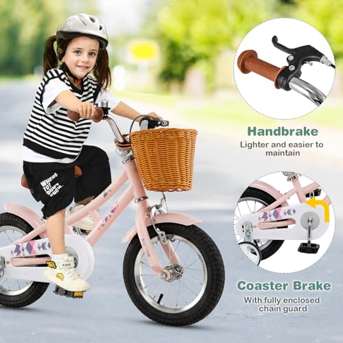 Image of BABY JOY Retro Kids Bike, 12 14 16 18 Inch Child Bike for 3-8 Years Old w /Rattan Basket, Adjustable Height, Training Wheels, Fenders, Handbrake Coaster Brake, 95% Pre-Assembled Kids Bicycle for Girls