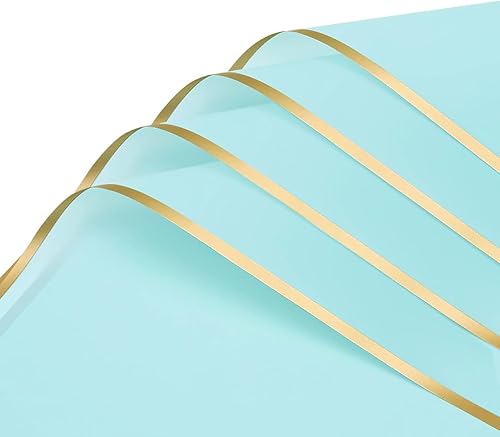 EMITAOHWF Papel de regalo de flores de 20 hojas, papel de regalo impermeable con borde azul bebé y dorado para ramo de flores, papel de regalo para