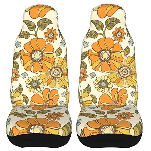 Hisoro Retro 70S Style Blossom Car Seat Covers Front Seats Only, Universal Fit For Car Truck Van And Suv Automotive Seat Covers, Black, 2 Piece #TOP6
