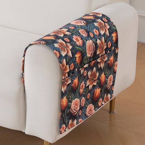 Image of HOKIPO 'Nature Muse' Premium HD Printed Holland Velvet Sofa Armrest Covers with Pockets | 1 Pair | Nocturne Rose (IN-921-L-D2*2)