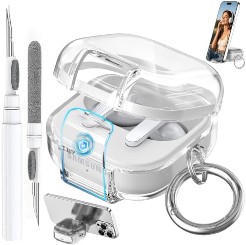 Compatible with Samsung Galaxy Buds 4 Case/Buds4 Pro Case Lock Clear with Kickstand, Galaxy Bud Pro 4 2026 Transparent TPU Protective Cover Men Women with Carabiner, Clear