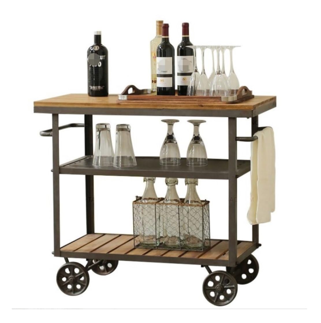 Carrello Cucina Carrello Portaoggetti A 3 Ripiani, da Bar, Portata, Cucina, in Metallo E Legno, Industriale per La Casa L'hotel Carrello Portaoggetti