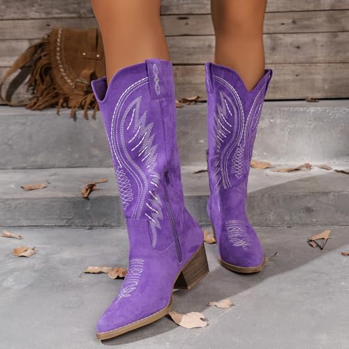 Women's Solid Color Suede Embroidered Side Zipper High Heeled Boots With Sloping Heels, Versatile Trendy, Cowboy Boot3