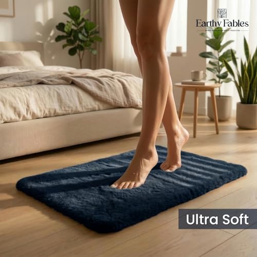 Image of Earthy Fables Feather Microfiber Rug /Mat, Thick, Quick Dry, Anti-Skid, Non-Slip, Machine Washable Floor Rug, Door Mat for Kitchen, Bedroom, Living Room, 60 x 40 cm - Navy