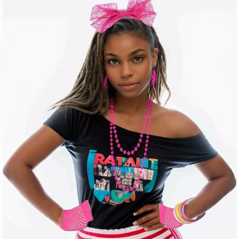 80's Costumes Set Headband Earrings Necklace Bracelets Fishnet Gloves for Halloween Cosplay Retro Theme Party - Image 5