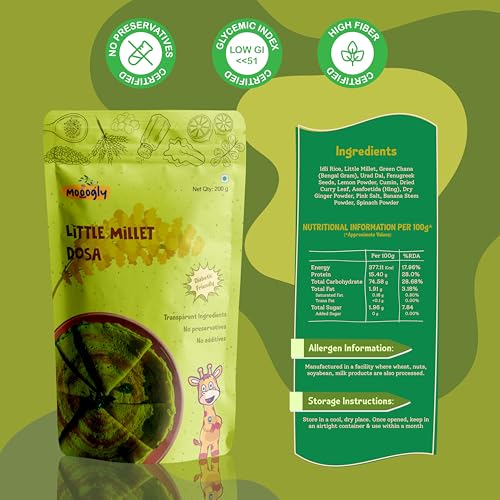 Image of Little Millet Dosa Mix 200g - Instant Breakfast Dosa Mix | No Preservatives | Made with Spinach, Banana Stem & Urad Dal | High Protein, Iron-Rich, Fiber-Packed |No Maida| Ready to Cook Healthy Chilla Mix
