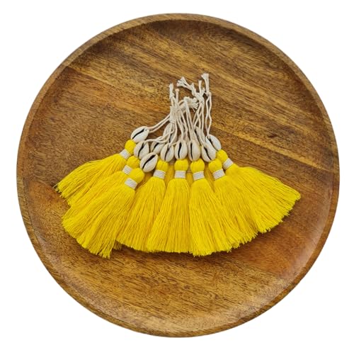 Image of Zippy Flora Handmade Cotton Tassels with Cowrie Shells for DIY & Crafts Project, Pack of 10 (Bright Yellow)